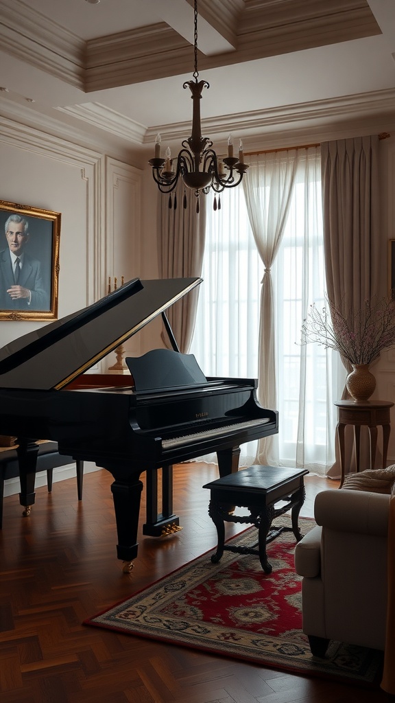 A grand piano in a neoclassical living room with elegant decor