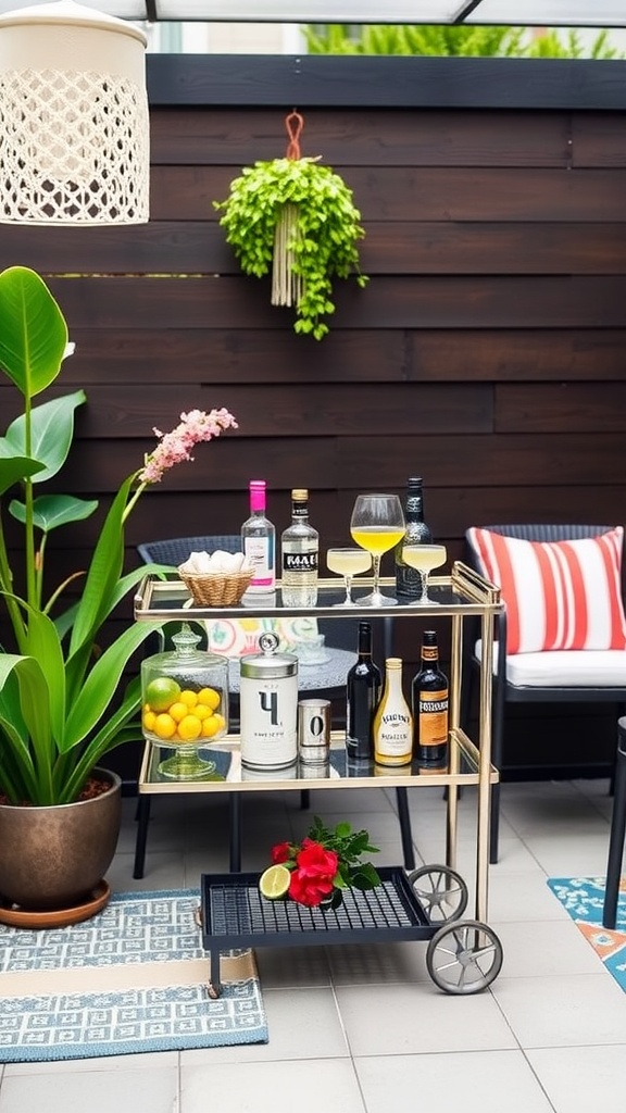 A small bar cart on a patio featuring drinks, flowers, and decorative elements.