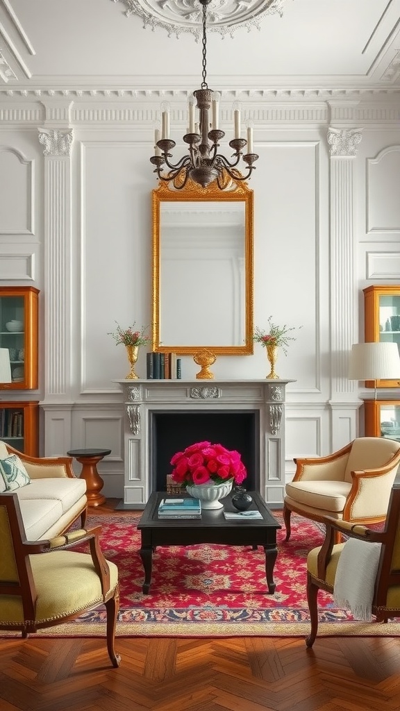 Neoclassical living room with antique accents, featuring a chandelier and ornate mirror.