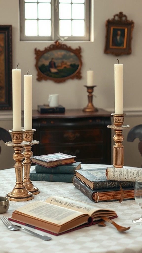 A cozy table setting featuring vintage candle holders, stacked antique books, and classic artwork.