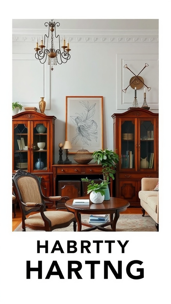 A cozy living room featuring antique furniture and modern decor
