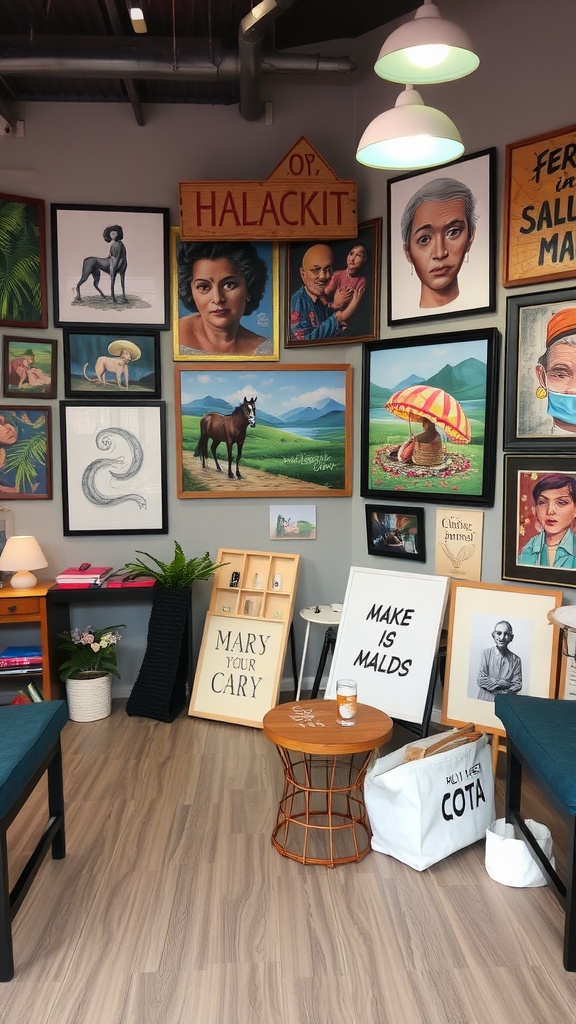 A vibrant nail salon interior featuring various art pieces and cultural elements.