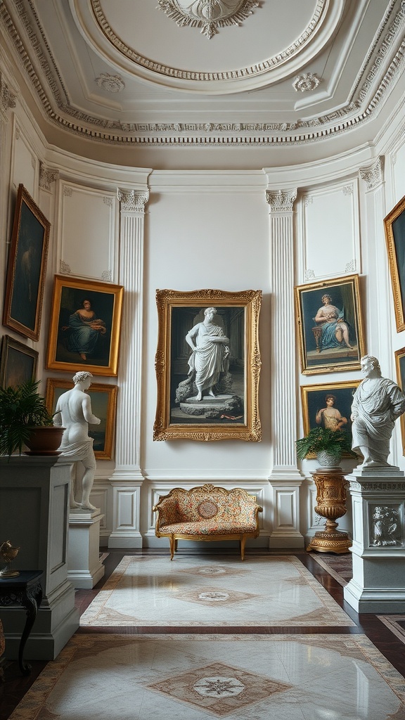 A neoclassical interior featuring ornate frames, sculptures, and a stylish sofa.