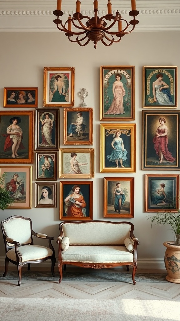 Art Nouveau themed interior with a gallery wall of framed artwork and vintage furniture.