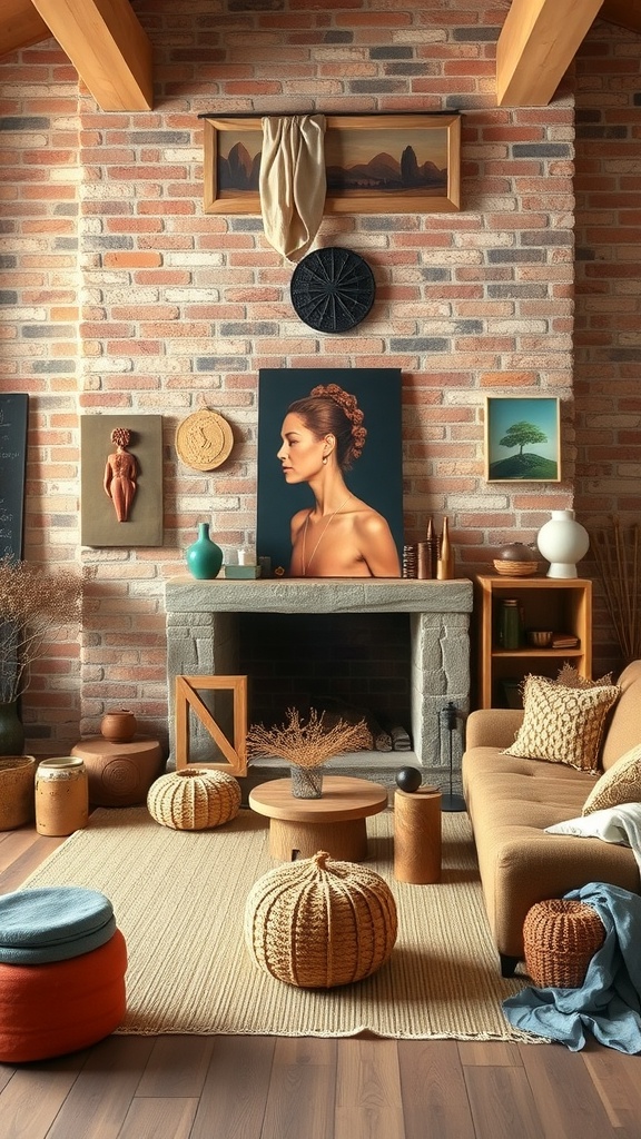 Cozy living room with a brick wall featuring artisanal decorations and furniture.