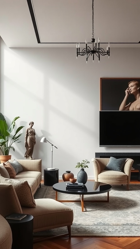A stylish living room featuring a statue and a large artwork on the wall.