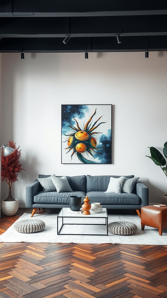 A cozy Nordic living room featuring a blue couch, a coffee table, and a vibrant piece of artwork on the wall.