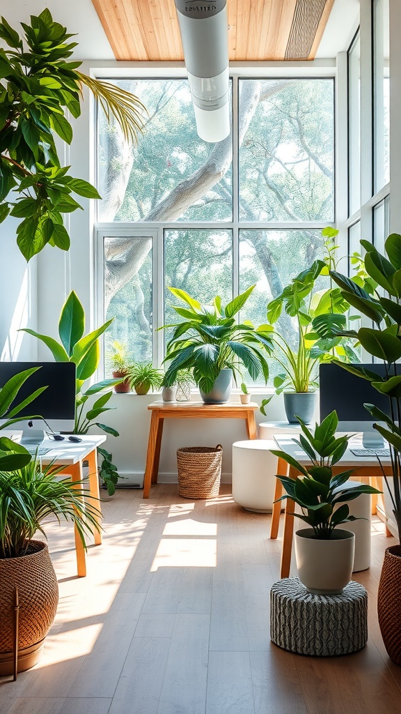 Bright office space filled with various indoor plants.