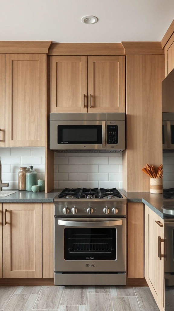 A compact kitchen with built-in appliances, including a microwave and oven, surrounded by wood cabinetry.