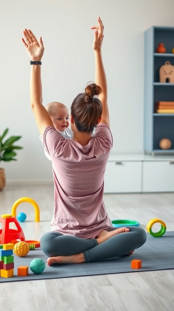 A mother doing yoga with her baby, surrounded by colorful toys.