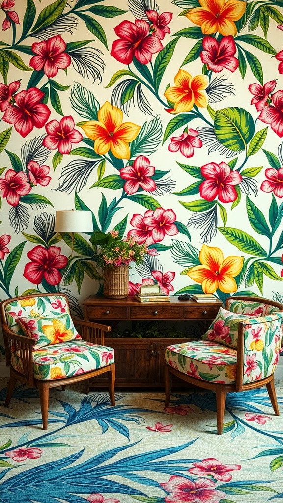 Tropical interior design featuring floral wallpaper and patterned upholstery.