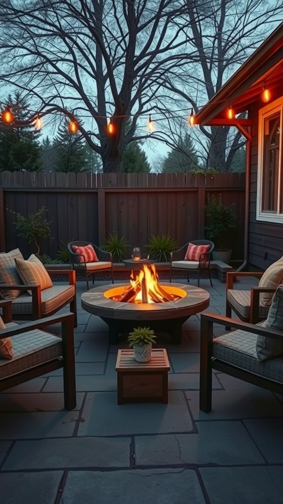 Small patio with a fire pit surrounded by chairs.