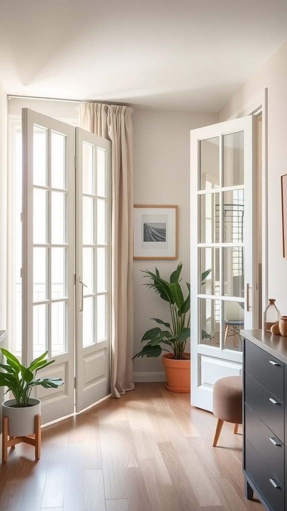 A bright interior featuring open French doors with plants and furniture.