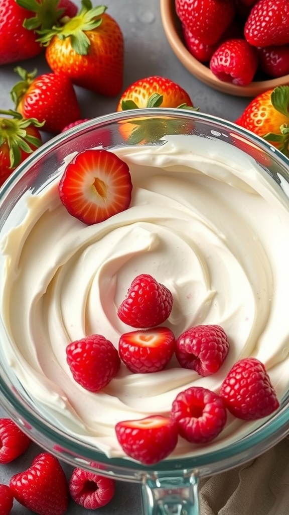 A bowl of cream cheese frosting garnished with fresh strawberries and raspberries.