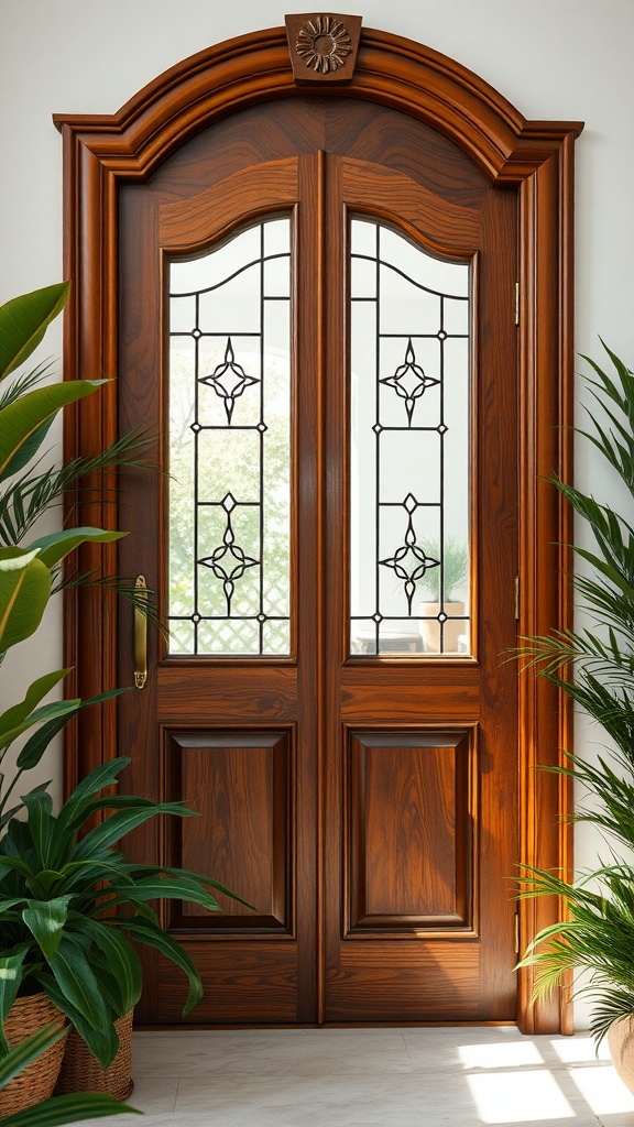 Elegant wooden doors with glass panels, surrounded by plants