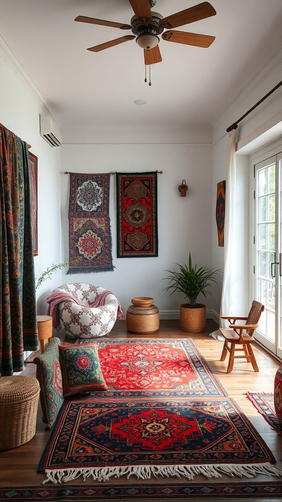 A boho interior featuring global textiles like colorful rugs and tapestries.