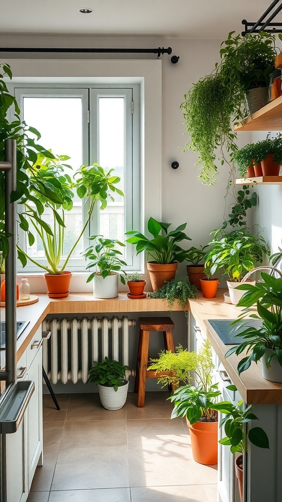 A bright kitchen with various green plants in pots on shelves and countertops.