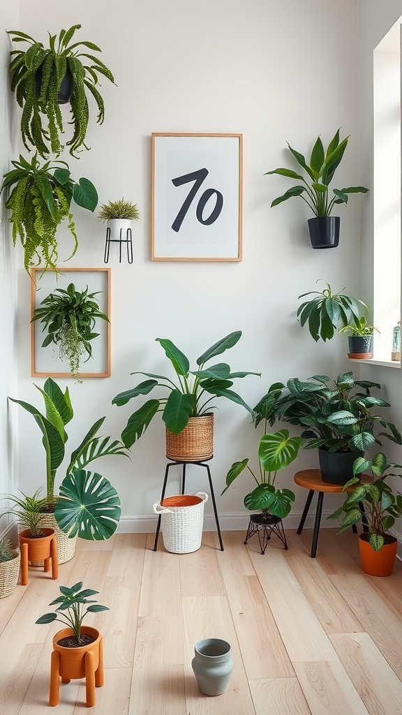 A cozy interior space filled with various potted plants and hanging greenery.