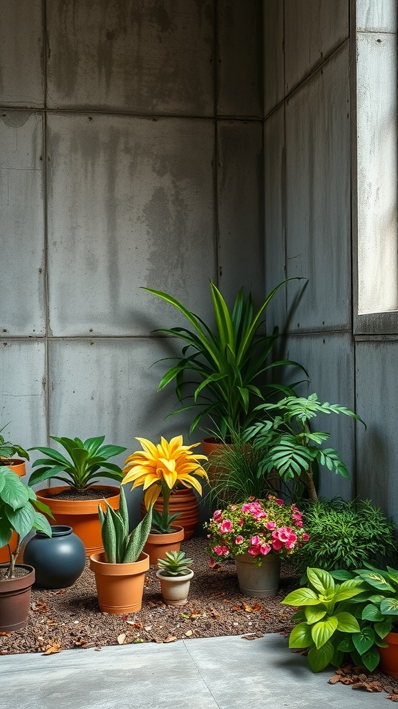 Interior space with concrete walls and various potted plants.