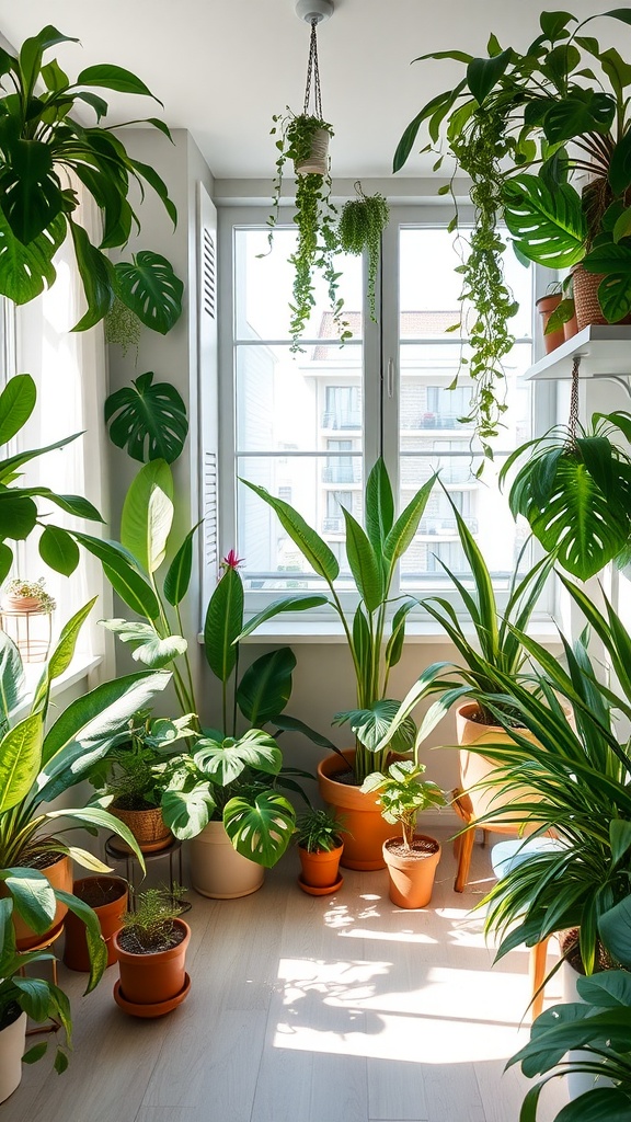 Bright and airy condo interior with various indoor plants arranged around the window.