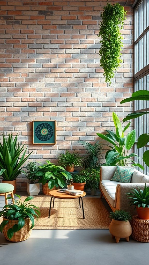 A cozy living room with a brick wall and various plants.