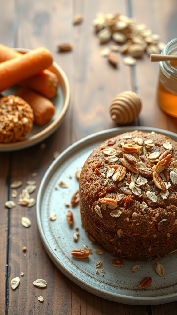 A healthy carrot cake topped with oats and nuts, surrounded by fresh carrots and honey.