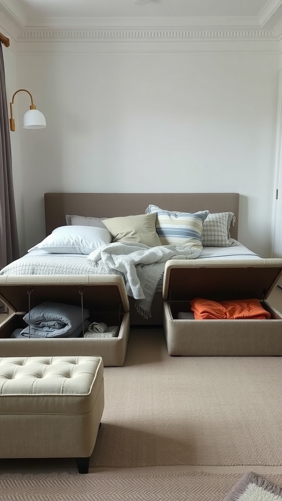 Small bedroom featuring a bed with storage drawers and a storage ottoman