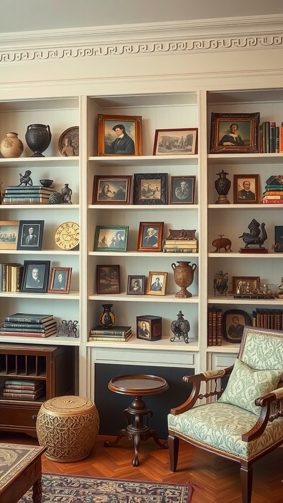 A cozy interior with shelves filled with historical collectibles and antique furniture.