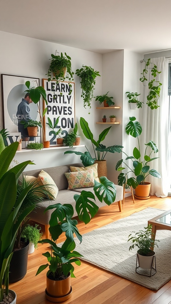 A cozy living room filled with various indoor plants, showcasing a modern design.