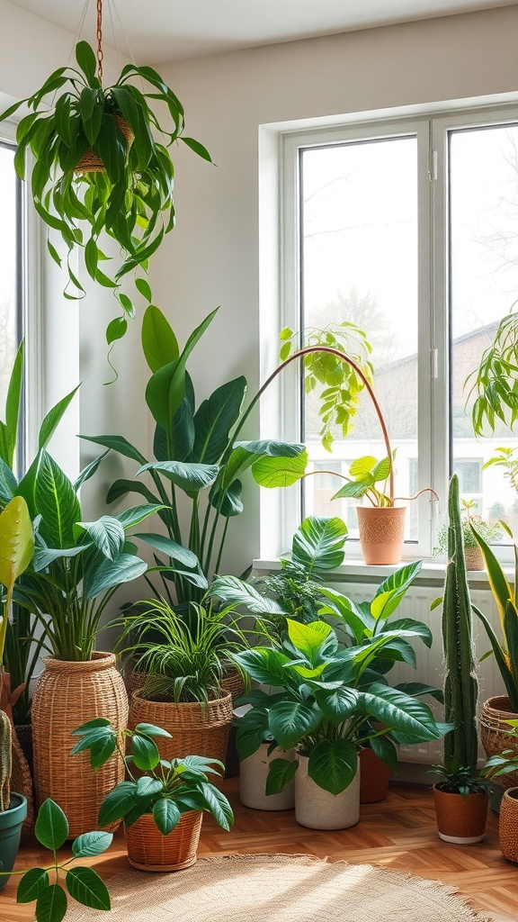A bright indoor space filled with various green plants near a window.
