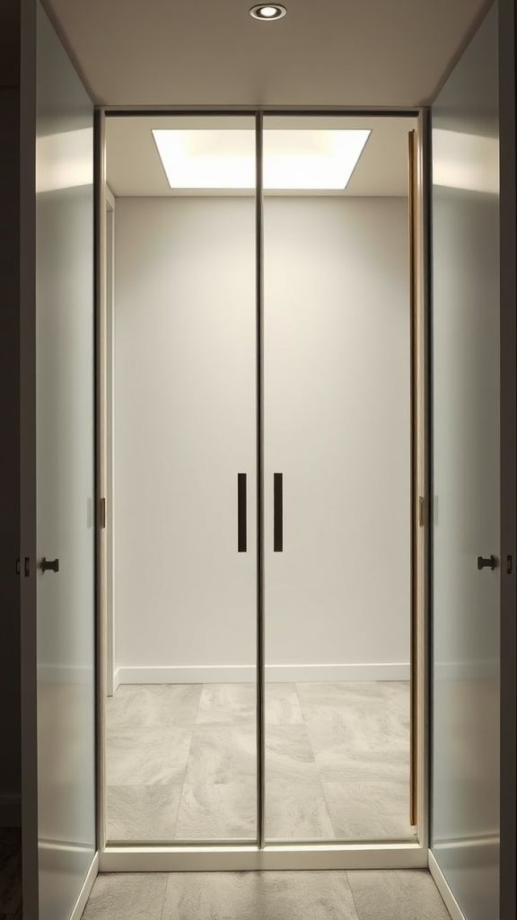 A modern wardrobe with sliding glass doors and a bright interior