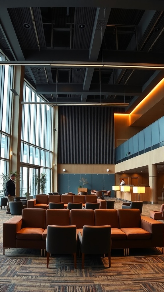 A modern lobby interior featuring comfortable seating and large windows.