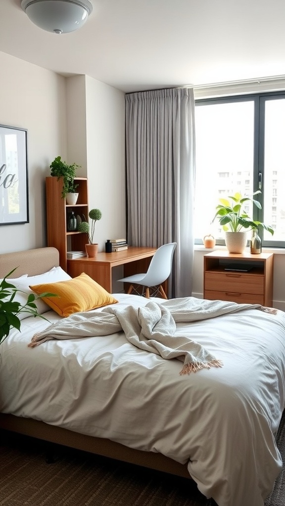 A cozy condo bedroom with a workspace, featuring a bed, desk, and plants.