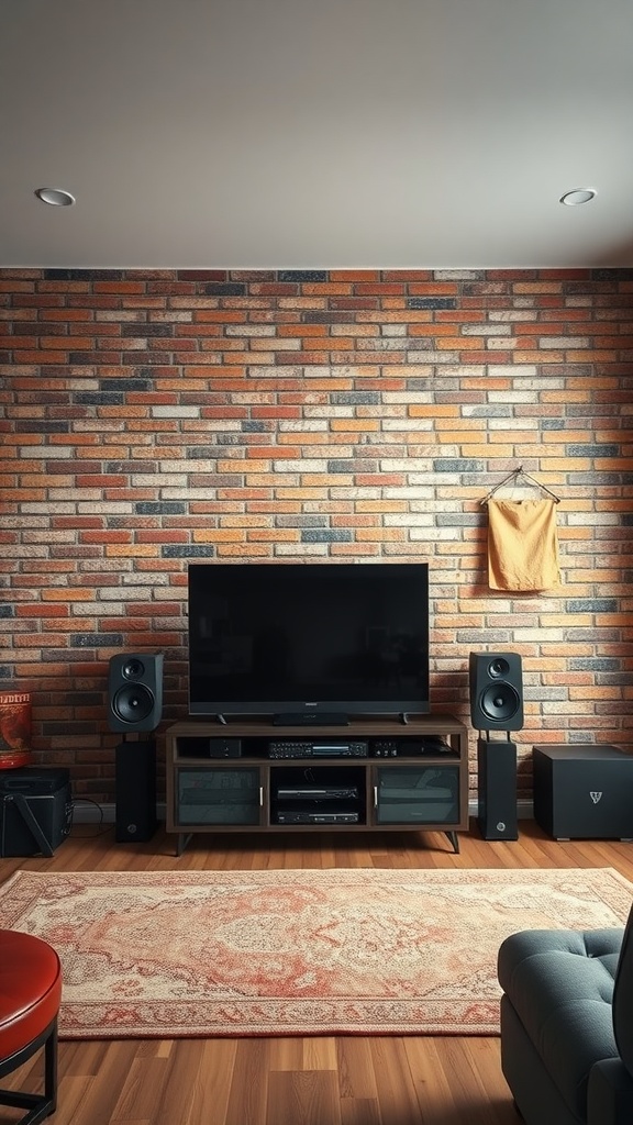 Living room interior featuring a brick wall, TV unit, and audio equipment.