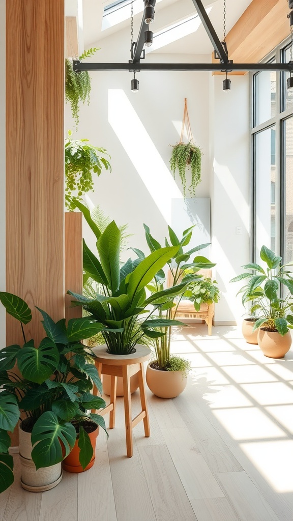 A bright interior space filled with various potted plants, showcasing natural elements.