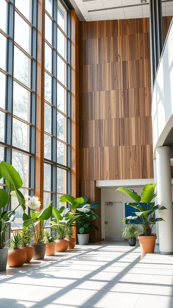 Bright lobby interior with large windows and potted plants