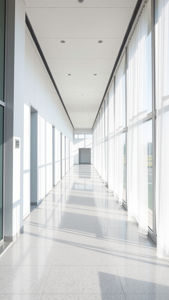 Bright and airy hallway with large windows and sheer curtains.