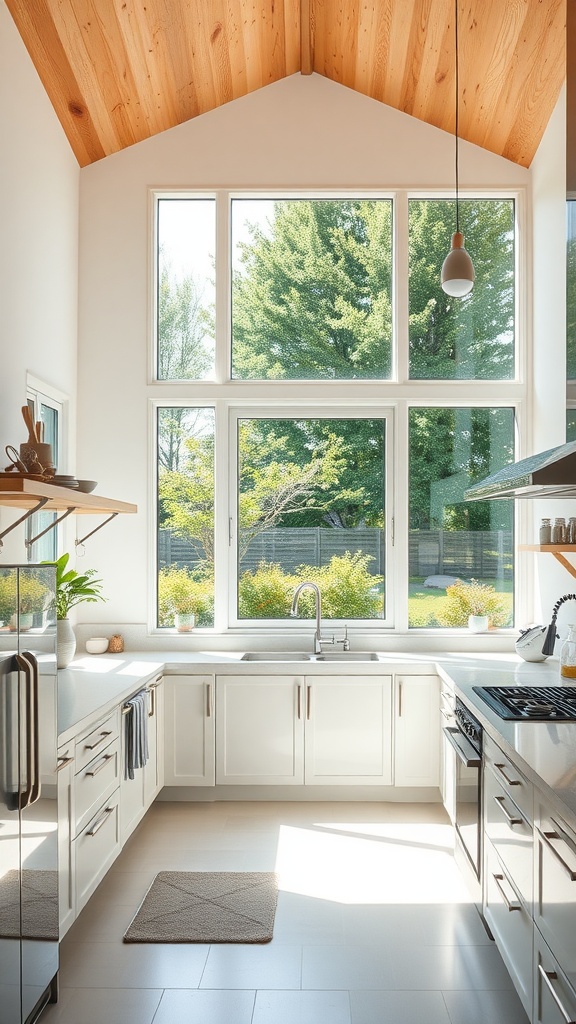 Bright kitchen interior with large windows and wooden ceiling.