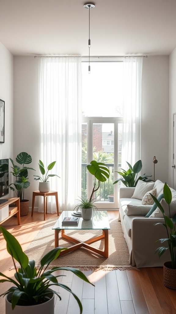 A bright living room with large windows, sheer curtains, and indoor plants.