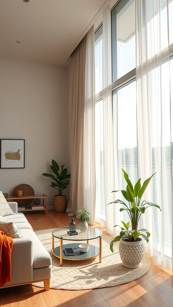 A well-lit condo interior featuring large windows with sheer curtains, plants, and a cozy seating area.