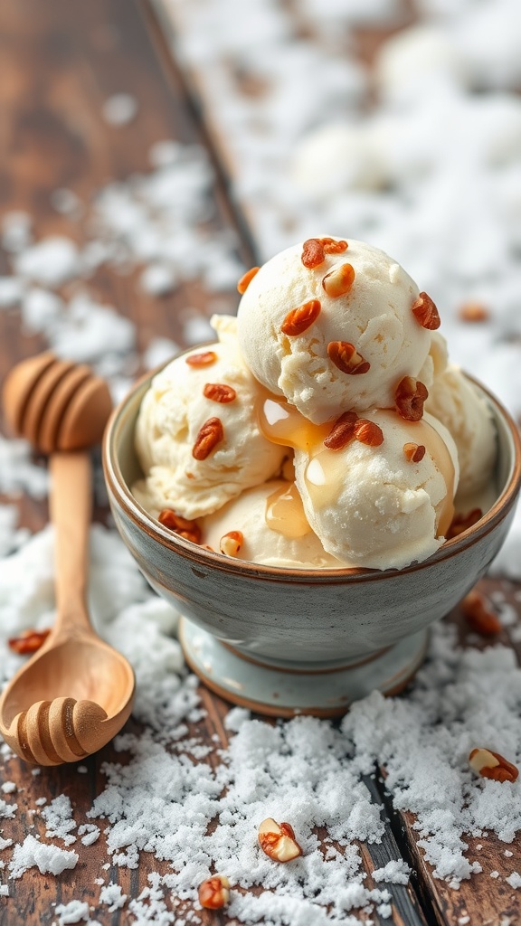 A bowl of snow ice cream topped with nuts and drizzled honey.