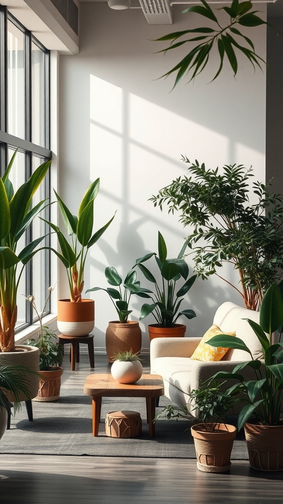 A bright and inviting interior space filled with various indoor plants and modern furniture.