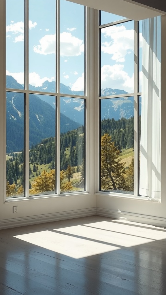 A spacious room with large windows showcasing a stunning natural landscape outside.