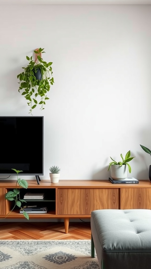 A stylish TV unit with greenery, featuring a TV, potted plants, and a cozy atmosphere.