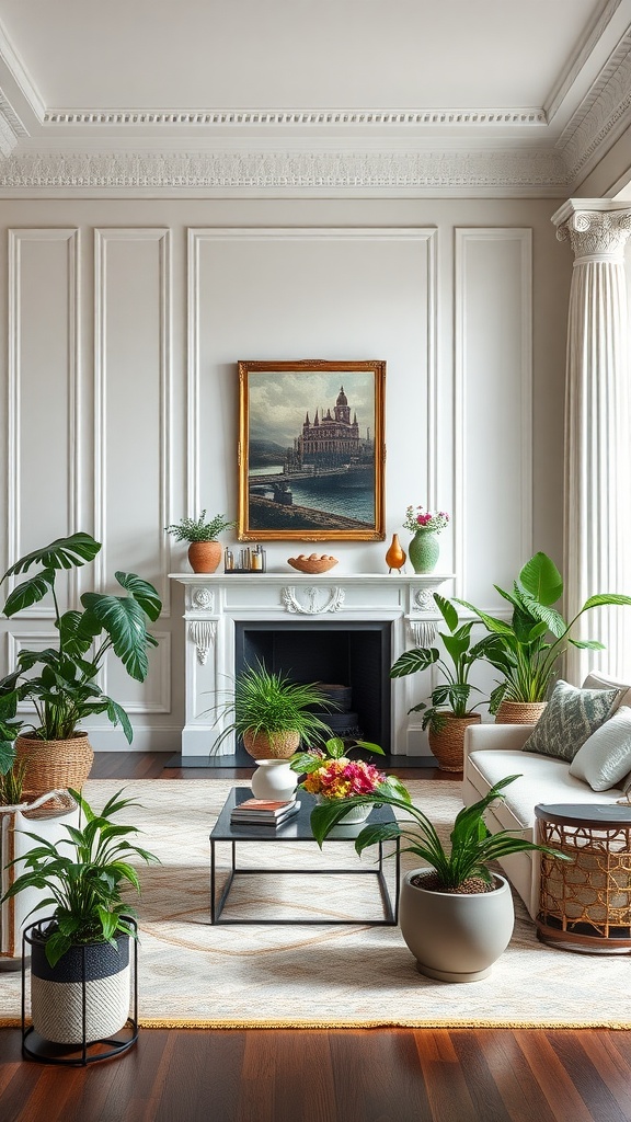 A neoclassical living room with various indoor plants and elegant decor