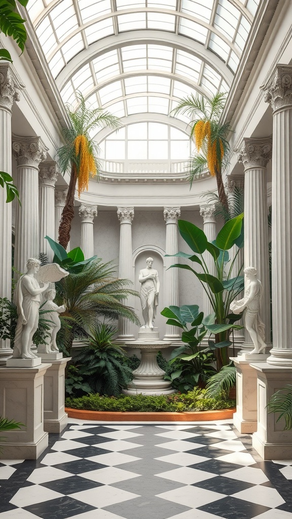 Interior featuring neoclassical architecture with statues and large plants under a glass ceiling.