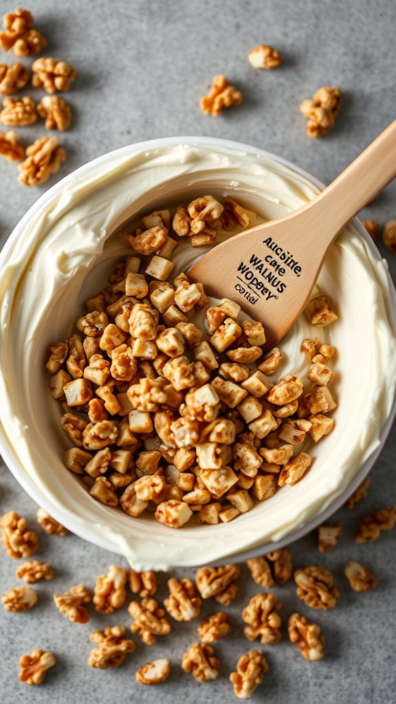 A creamy bowl of cream cheese frosting mixed with chopped nuts, showing texture and richness.