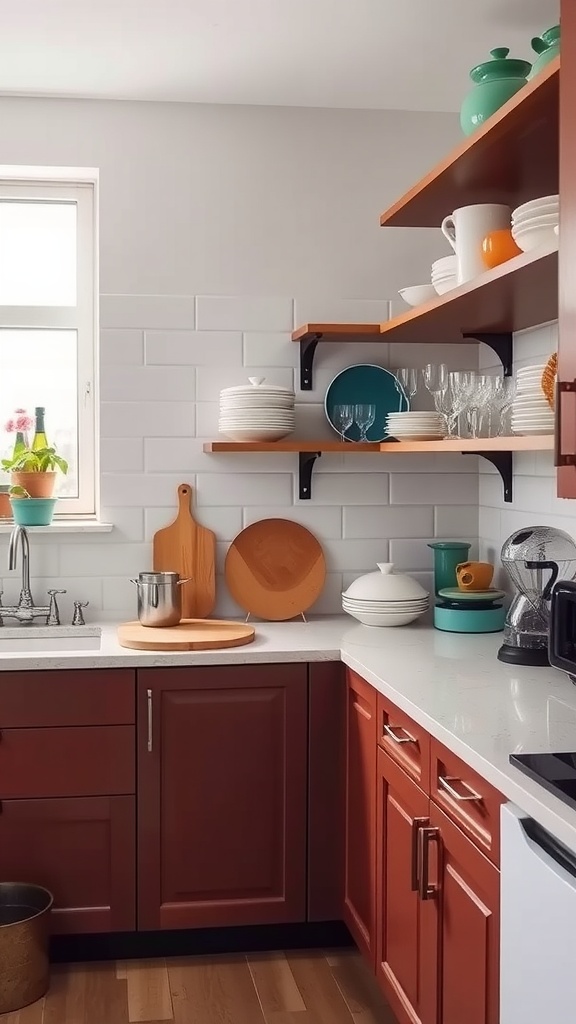 A small kitchen featuring open shelves with colorful dishes and plants, creating a cozy atmosphere.