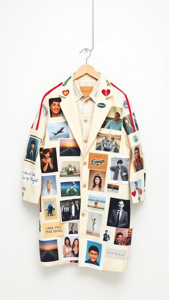 A jacket decorated with various photos and patches, showcasing personal style.