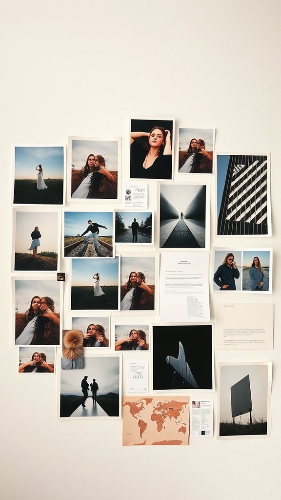 A moodboard featuring various photographs and notes on a wall, showcasing personal touches in interior design.